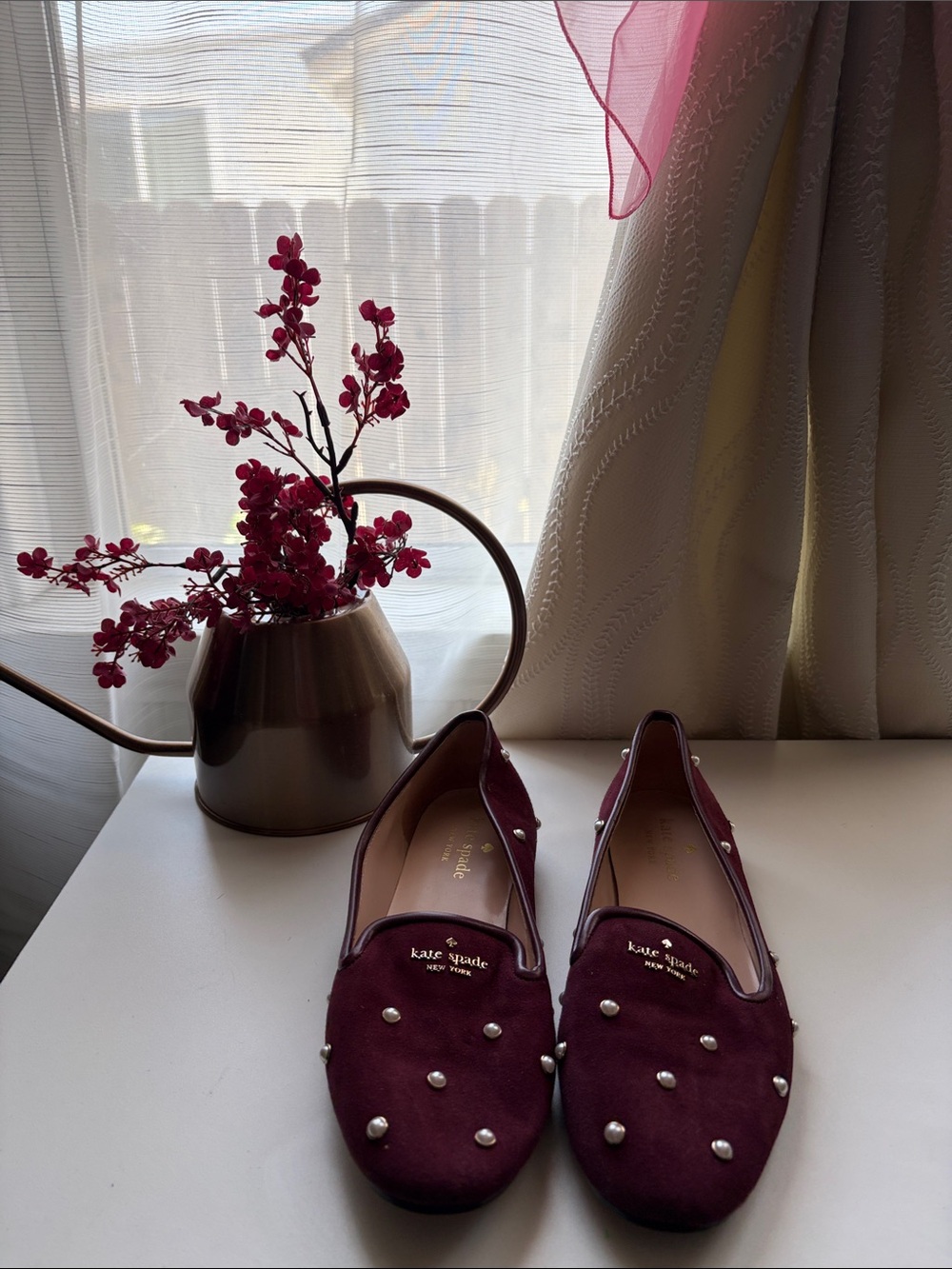 kate spade Pearl-Studded Burgundy Suede Flats